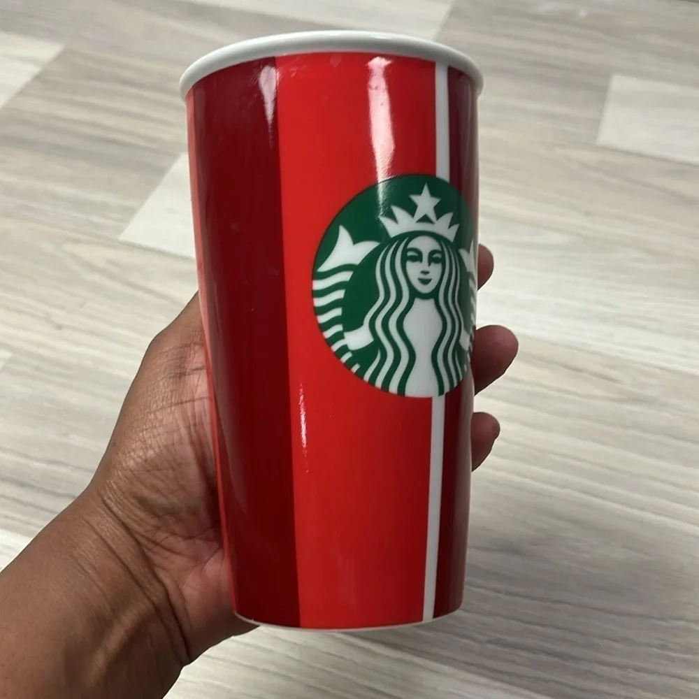Starbucks Holiday Ceramic Tumbler Red Stripe Double Wall Travel 12 Oz Cup No Lid